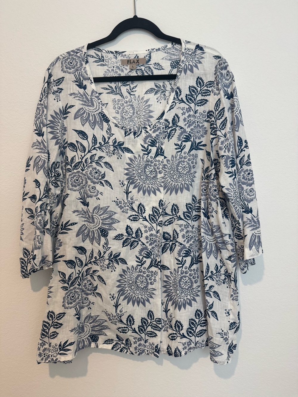 FLAX 100% Linen Blue Floral Print 3/4 Sleeve Tunic Top